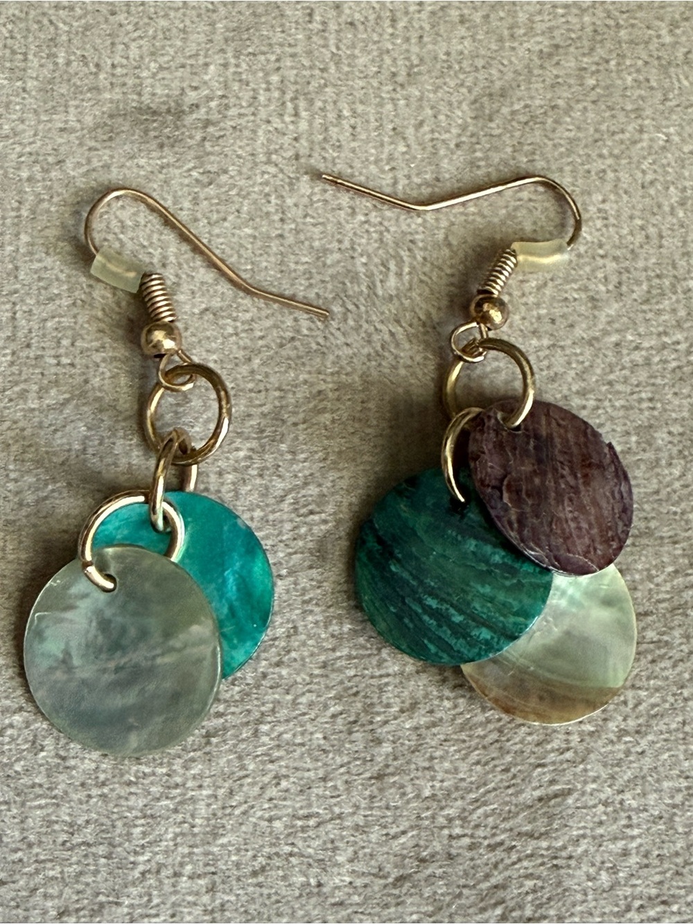 Handmade Green and Natural Shell Disc Drop Earrings